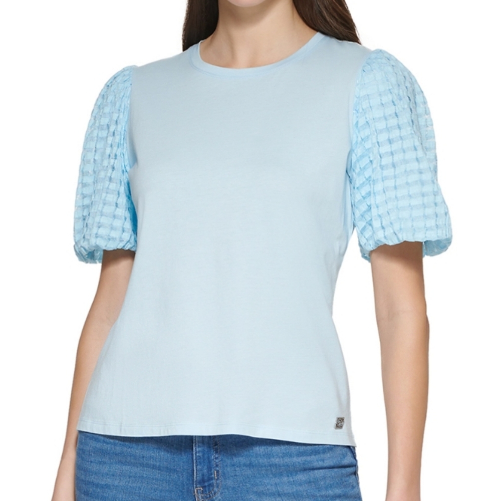Calvin Klein Womens M Top Short Bubble Sleeve Pullover Cotton Modal Blue